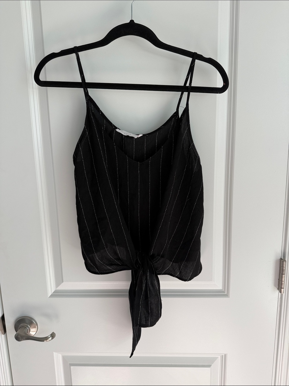 Lush Black Pinstripe Tie-Front Crop Cami